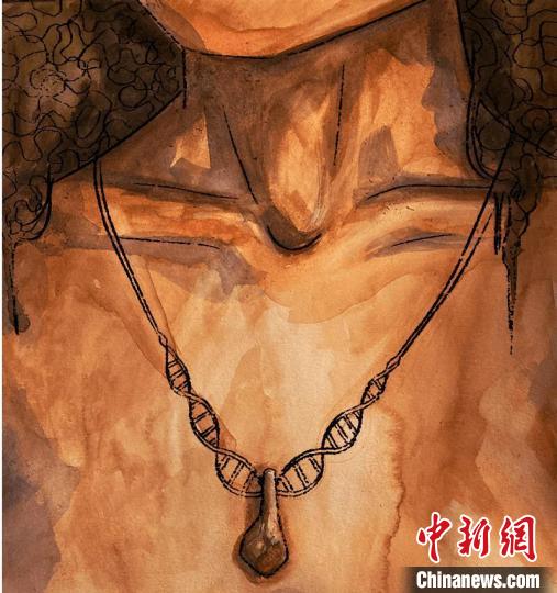 墜飾藝術(shù)再現(xiàn)圖，圖中吊墜繩為DNA螺旋樣式(圖片作者M(jìn)yrthe Lucas)?！∈┢樟指瘛ぷ匀?供圖