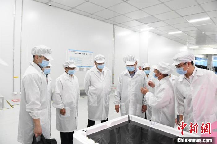 圖為蔡達(dá)峰一行在惠科電子(北海)科技產(chǎn)業(yè)園調(diào)研?！×趾?攝