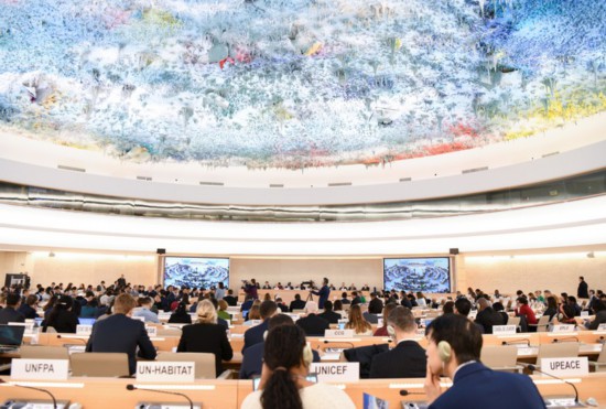 這是1月23日在瑞士日內(nèi)瓦拍攝的聯(lián)合國人權(quán)理事會第四輪國別人權(quán)審議現(xiàn)場。新華社記者連漪攝