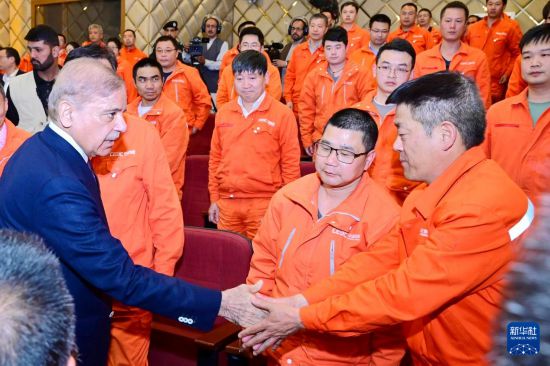 4月1日，在巴基斯坦西北部開伯爾-普什圖省達(dá)蘇，巴基斯坦總理夏巴茲（左）同達(dá)蘇水電站項(xiàng)目中方員工握手。新華社發(fā)（巴基斯坦新聞與廣播部下轄媒體信息部門供圖）