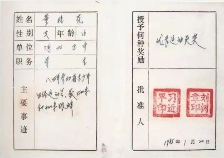 圖為1985年1月，時(shí)任正定縣委書記的習(xí)近平為參賽運(yùn)動(dòng)員頒發(fā)的“優(yōu)秀運(yùn)動(dòng)員獎(jiǎng)”。