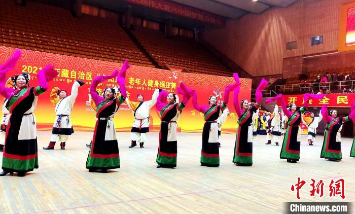 圖為西藏老年舞蹈隊齊跳傳統(tǒng)鍋莊舞。　貢桑拉姆 攝