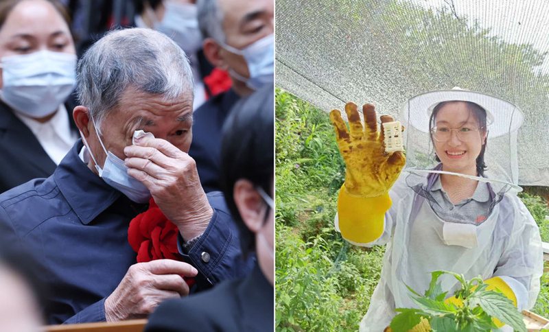 左圖為2021年2月25日，黃文秀的父親黃忠杰在全國(guó)脫貧攻堅(jiān)表彰大會(huì)上；右圖為黃文秀生前工作照。